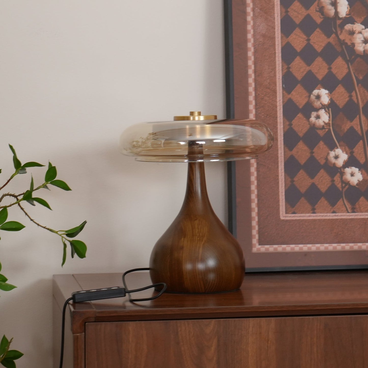 Élise Glass Table Lamp with Wooden Base and LED Dimmer