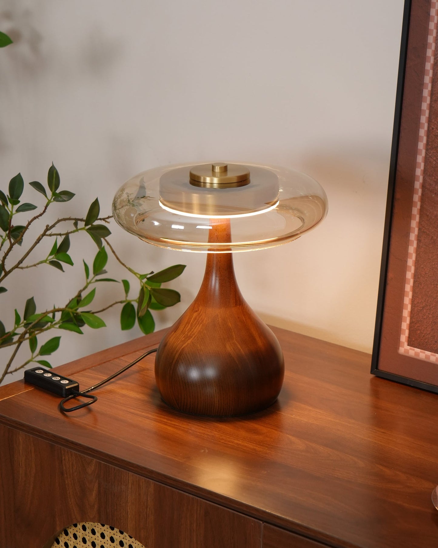 Élise Glass Table Lamp with Wooden Base and LED Dimmer