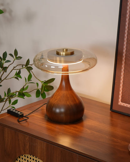 Élise Glass Table Lamp with Wooden Base and LED Dimmer