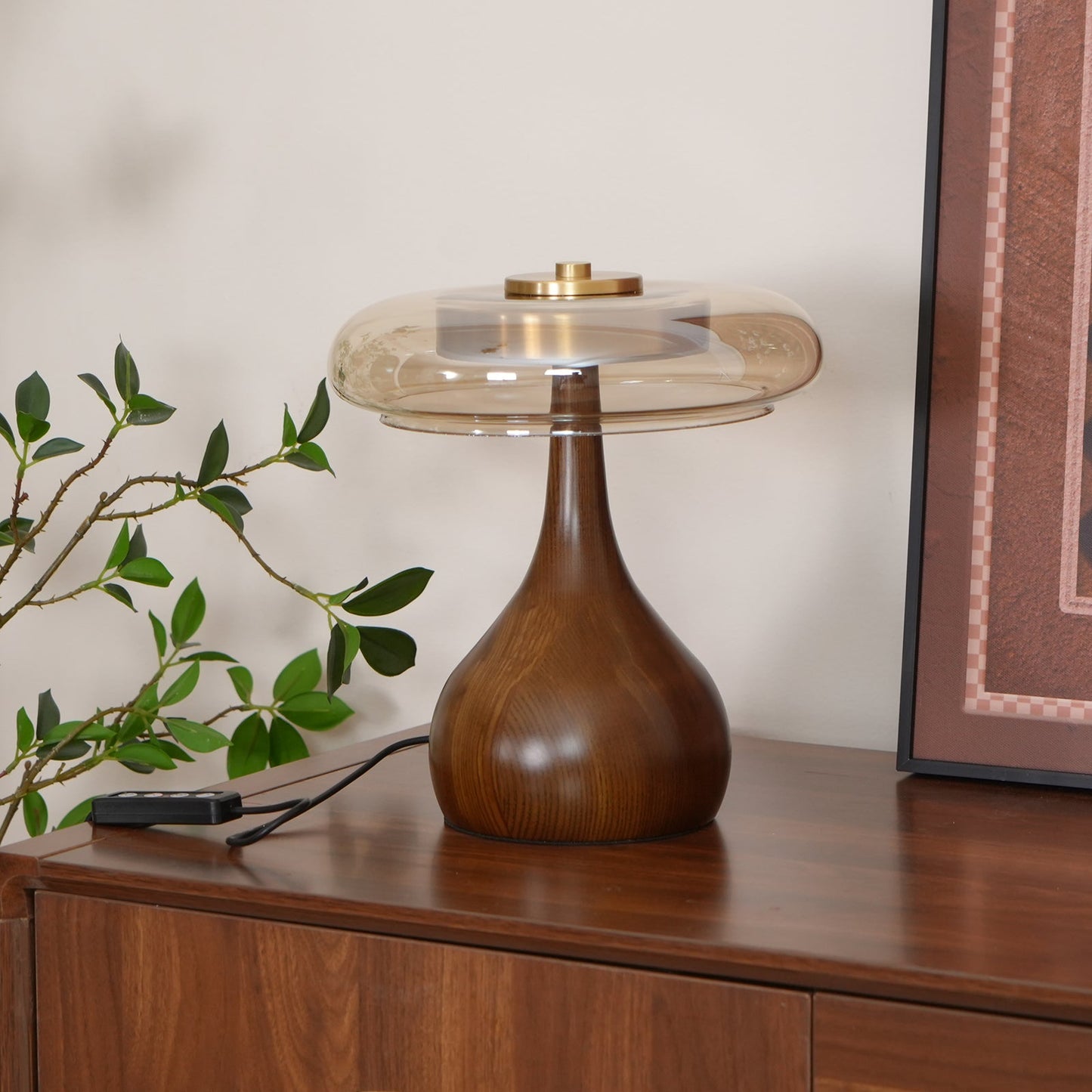 Élise Glass Table Lamp with Wooden Base and LED Dimmer