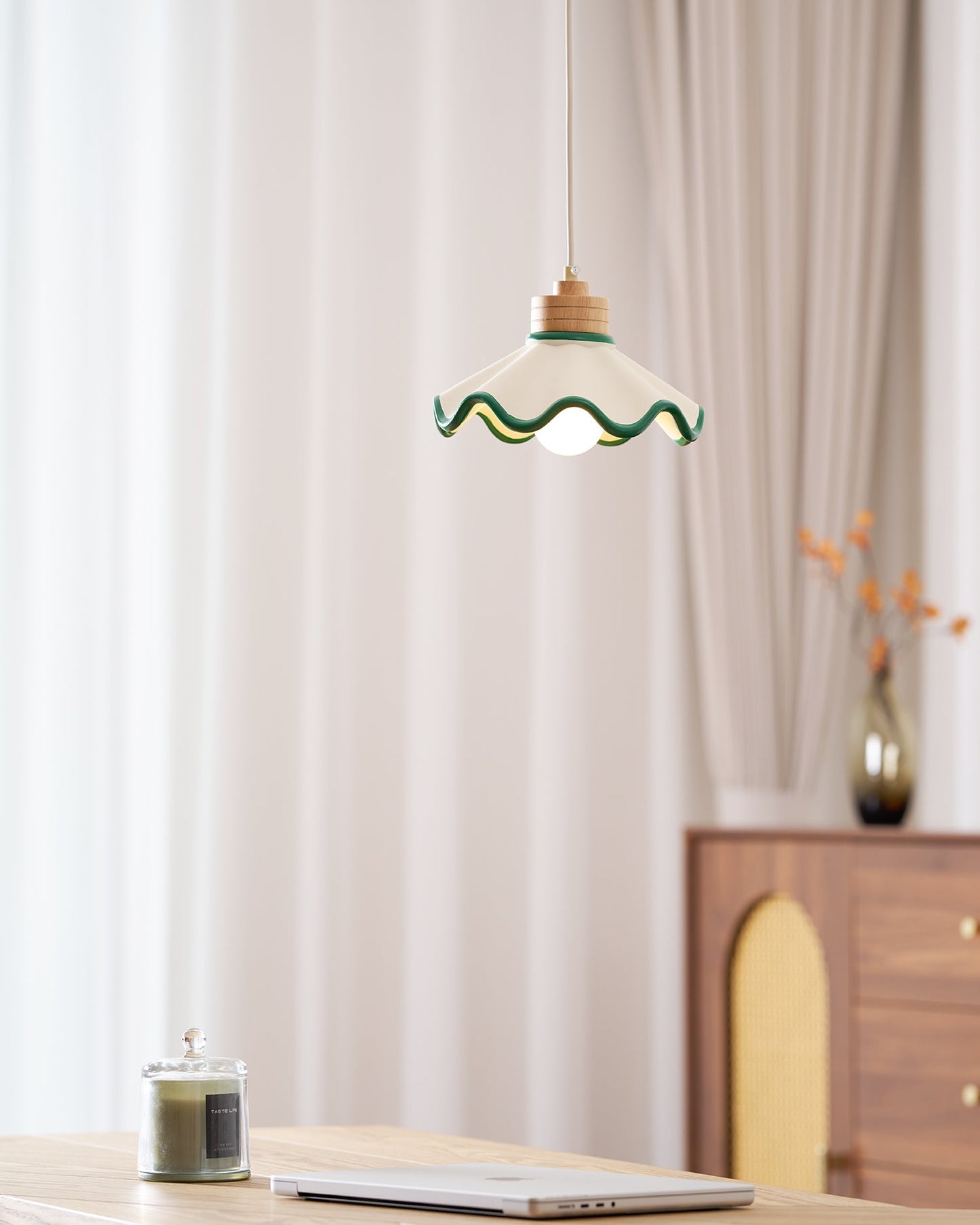 Juliette Pendant Lamp, Scalloped Resin Shade with Wood Accent