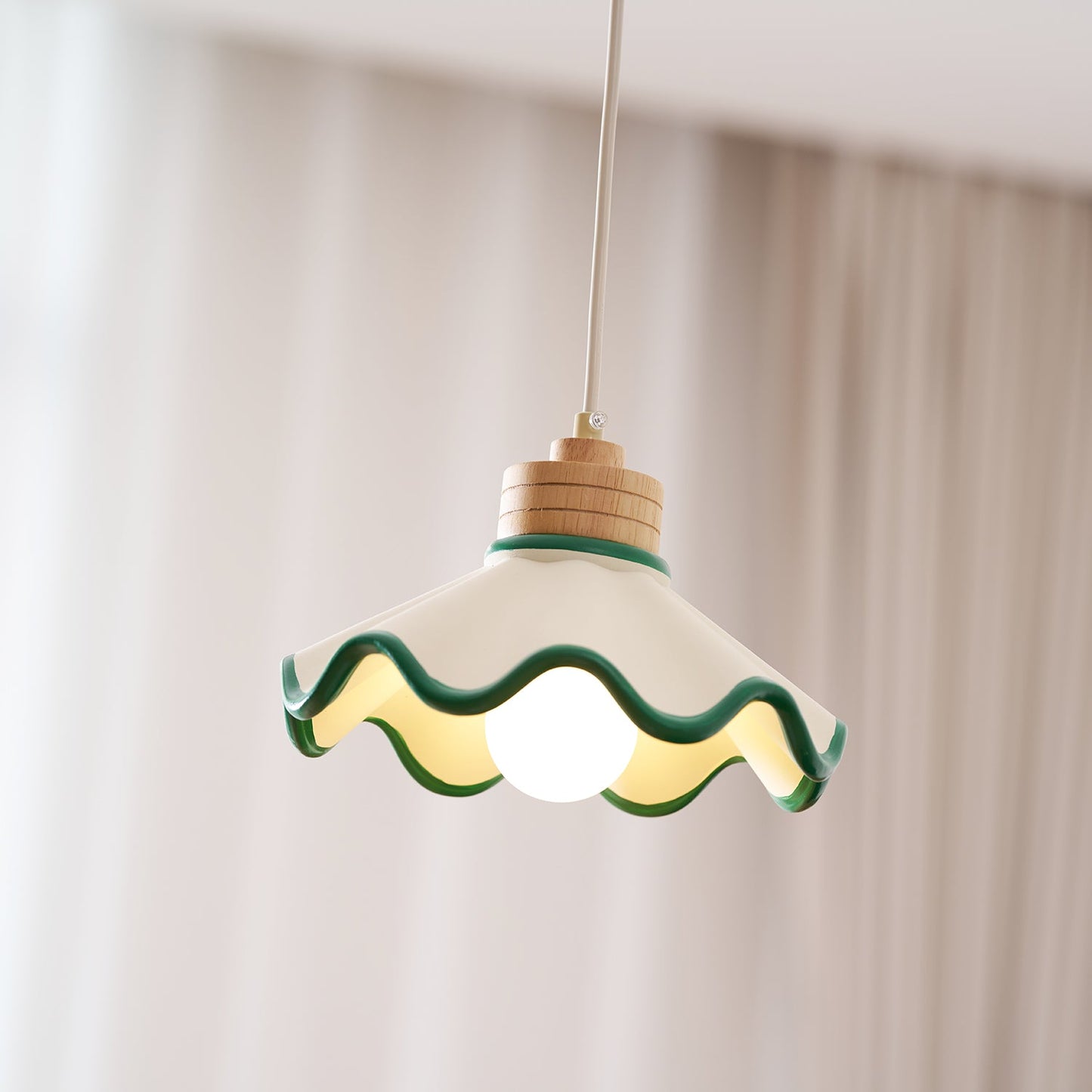 Juliette Pendant Lamp, Scalloped Resin Shade with Wood Accent