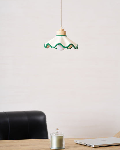 Juliette Pendant Lamp, Scalloped Resin Shade with Wood Accent