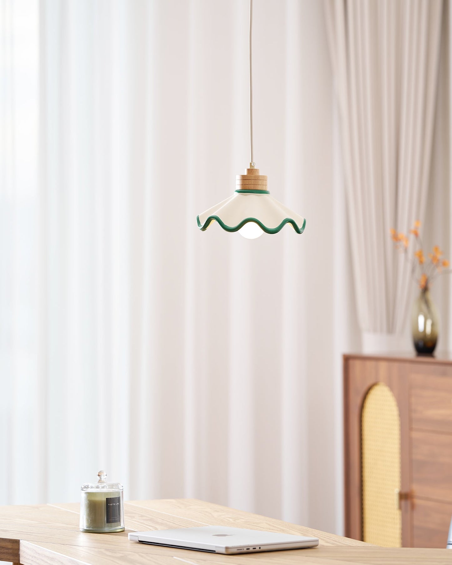 Juliette Pendant Lamp, Scalloped Resin Shade with Wood Accent