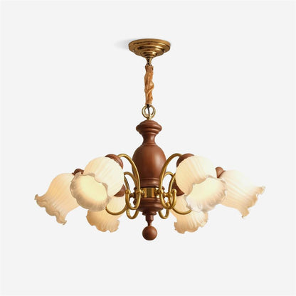 Lustre Céleste en bois, abat-jour en verre floral avec bras en métal