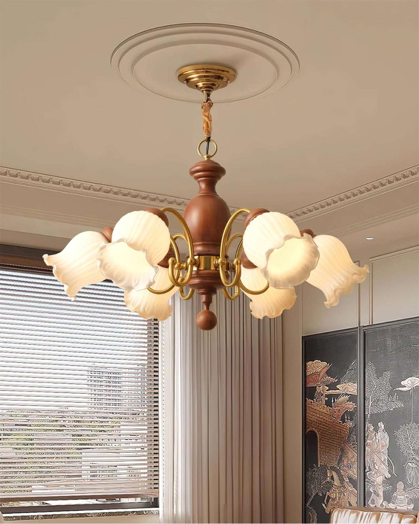 Lustre Céleste en bois, abat-jour en verre floral avec bras en métal