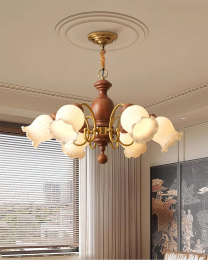 Lustre Céleste en bois, abat-jour en verre floral avec bras en métal
