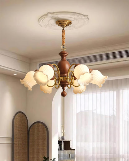 Lustre Céleste en bois, abat-jour en verre floral avec bras en métal