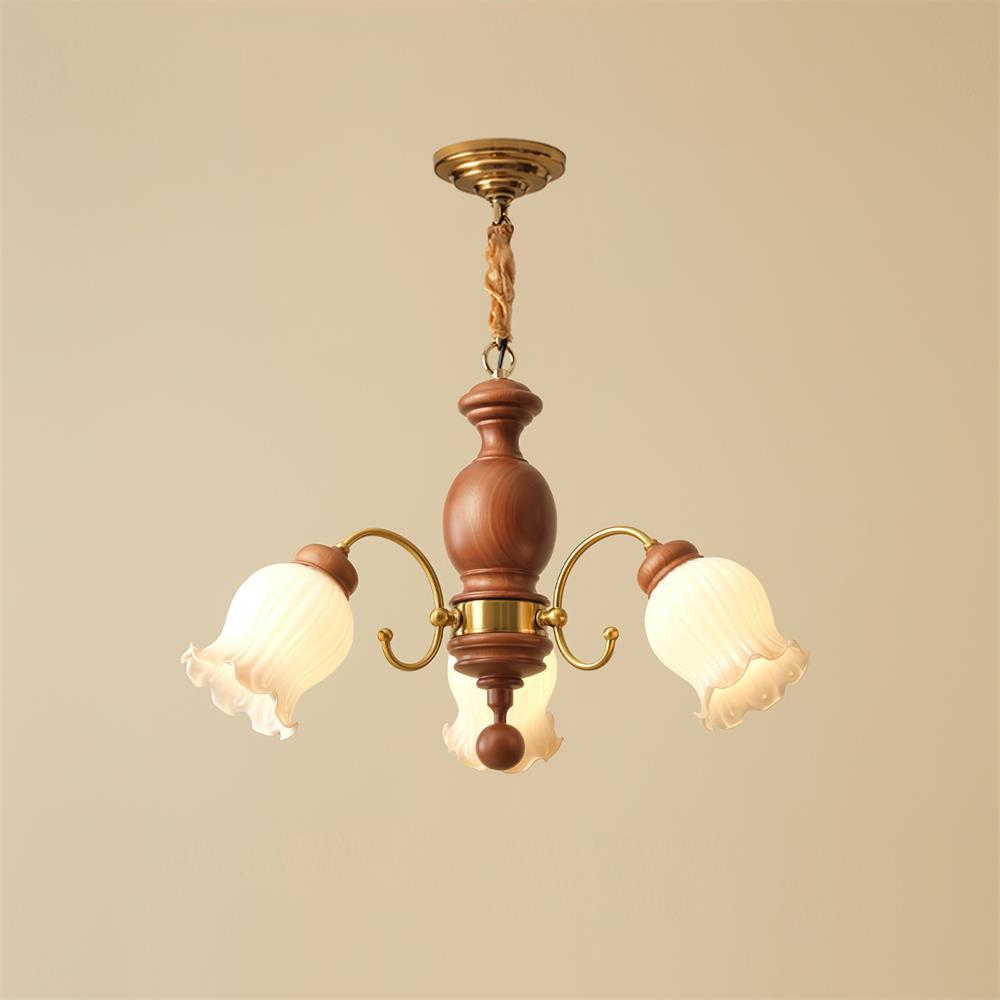 Lustre Céleste en bois, abat-jour en verre floral avec bras en métal