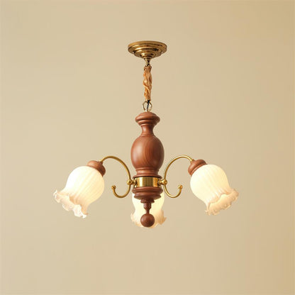 Lustre Céleste en bois, abat-jour en verre floral avec bras en métal