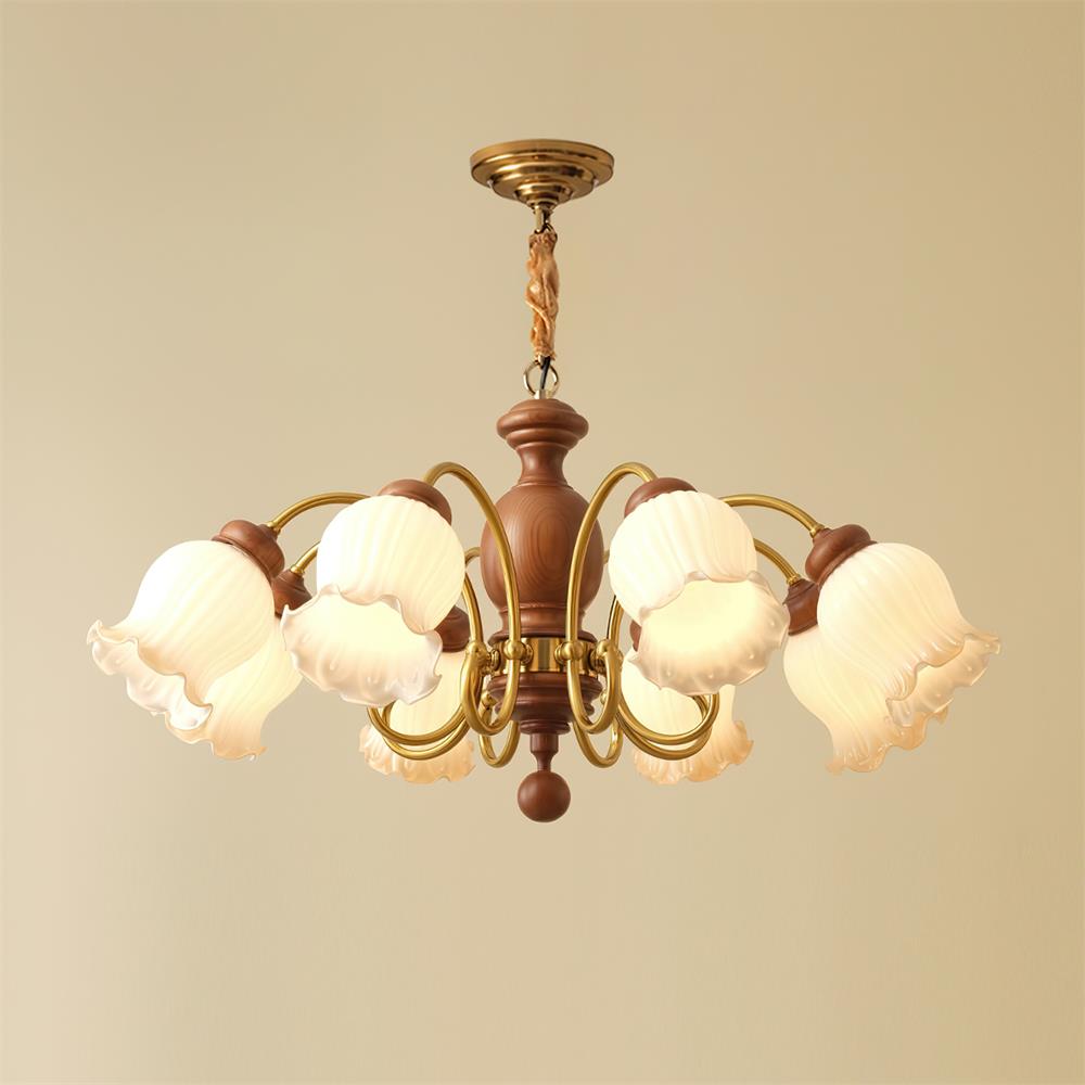 Lustre Céleste en bois, abat-jour en verre floral avec bras en métal