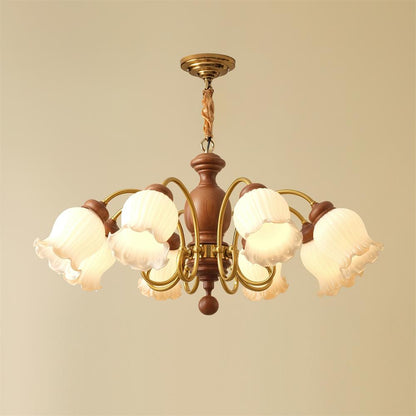 Lustre Céleste en bois, abat-jour en verre floral avec bras en métal