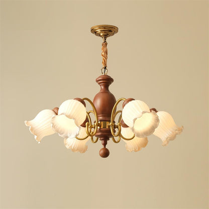 Lustre Céleste en bois, abat-jour en verre floral avec bras en métal