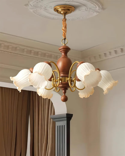Lustre Céleste en bois, abat-jour en verre floral avec bras en métal