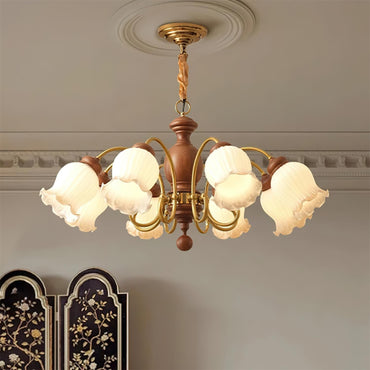 Céleste Wood Chandelier, Floral Glass Shades with Metal Arms