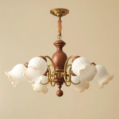 Lustre Céleste en bois, abat-jour en verre floral avec bras en métal