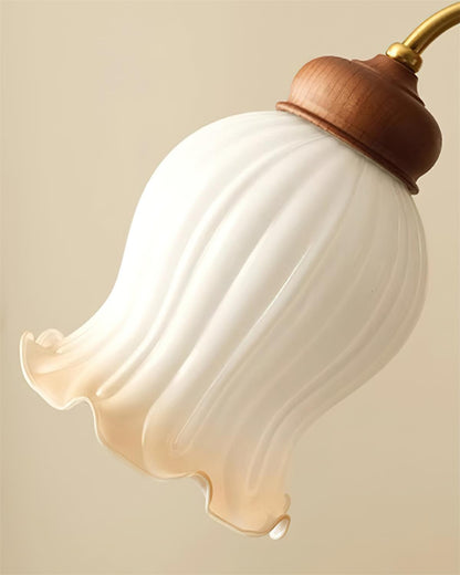 Lustre Céleste en bois, abat-jour en verre floral avec bras en métal