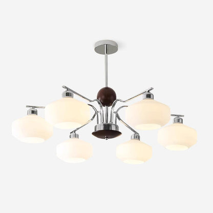 Lustre Béatrice rétro, abat-jour en verre avec structure en bois et métal