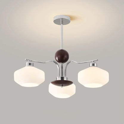 Lustre Béatrice rétro, abat-jour en verre avec structure en bois et métal