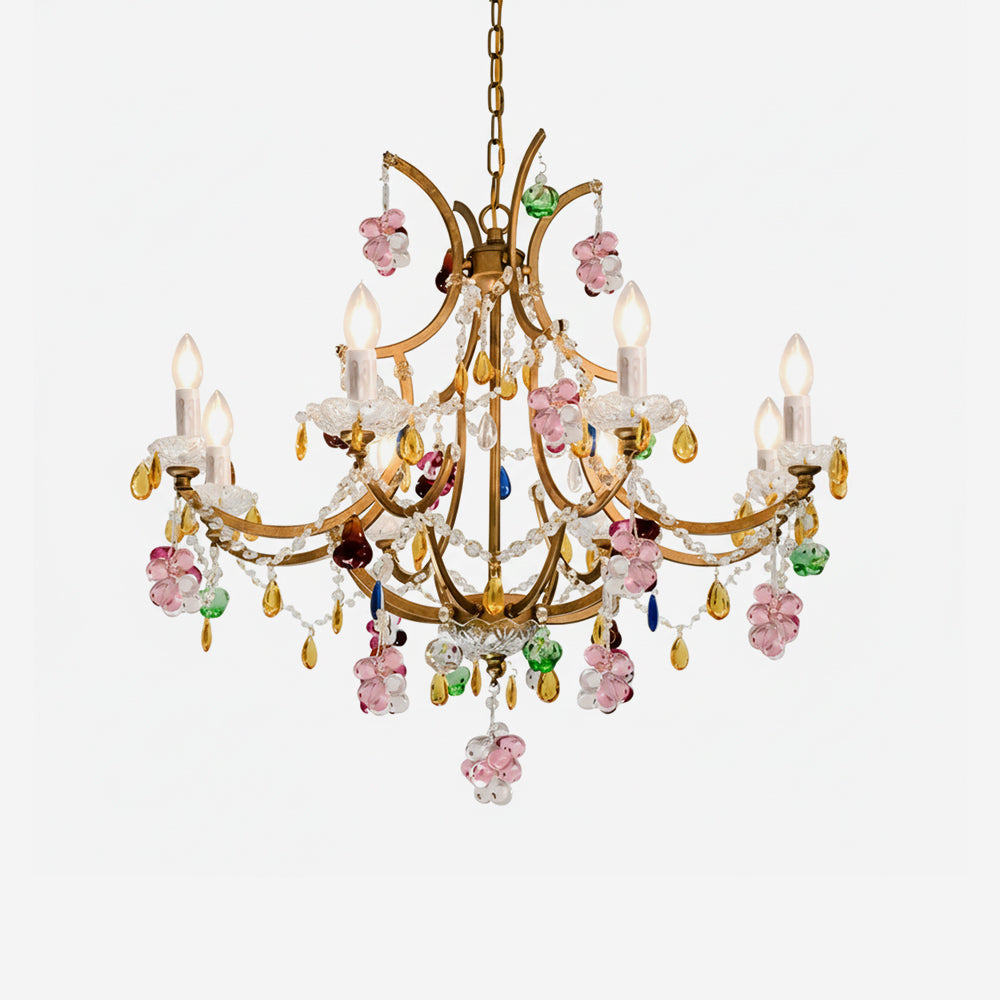 Adeline Crystal Chandelier, Floral Glass Accents with Antique Finish