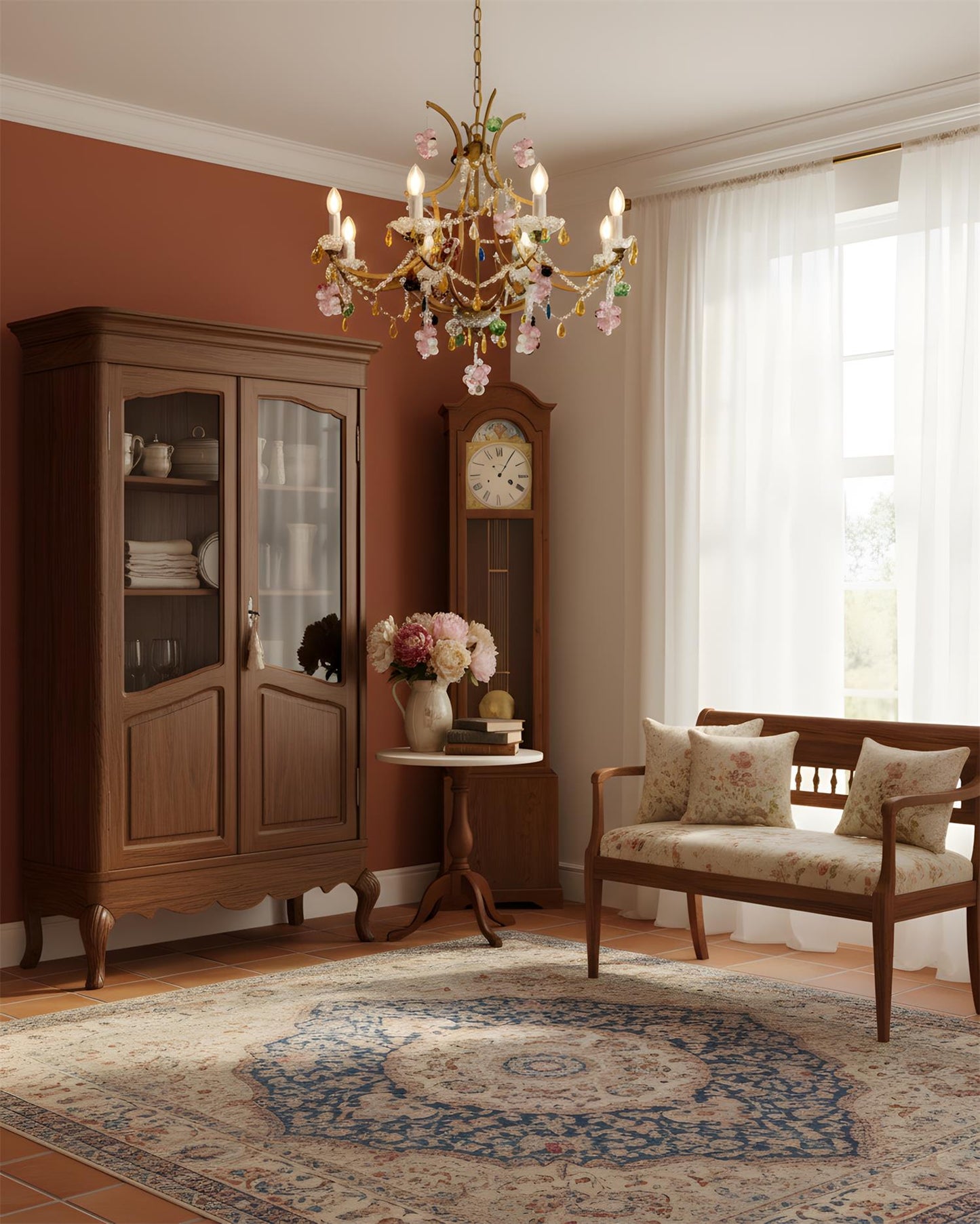 Adeline Crystal Chandelier, Floral Glass Accents with Antique Finish