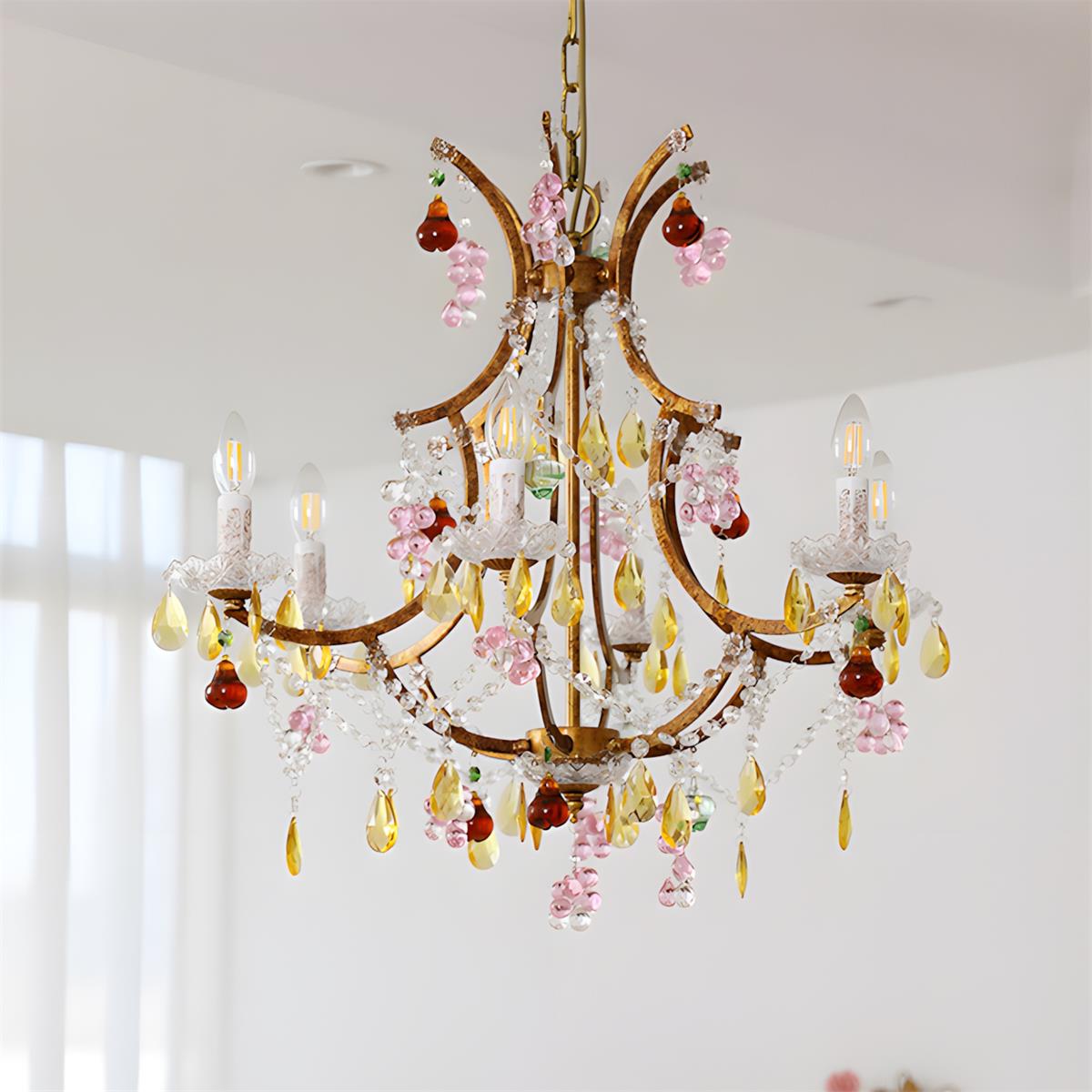 Adeline Crystal Chandelier, Floral Glass Accents with Antique Finish
