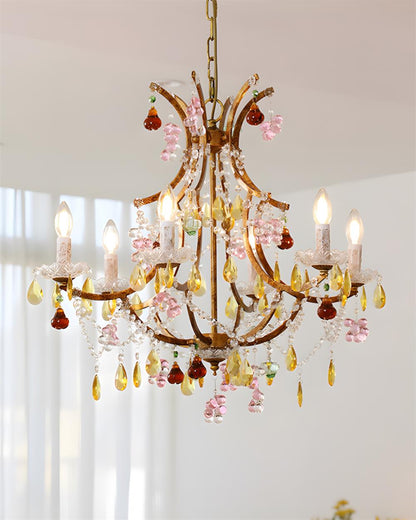 Adeline Crystal Chandelier, Floral Glass Accents with Antique Finish