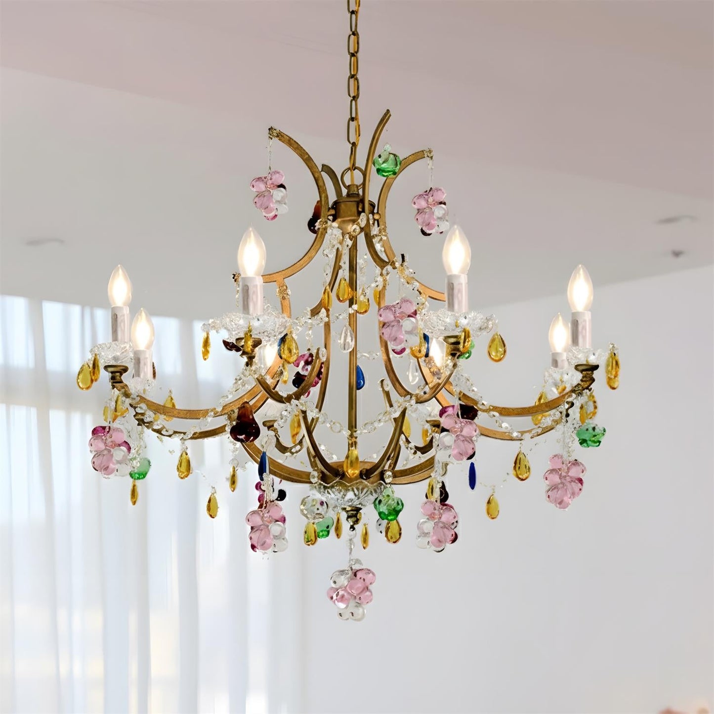 Adeline Crystal Chandelier, Floral Glass Accents with Antique Finish