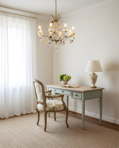 Adeline Crystal Chandelier, Floral Glass Accents with Antique Finish
