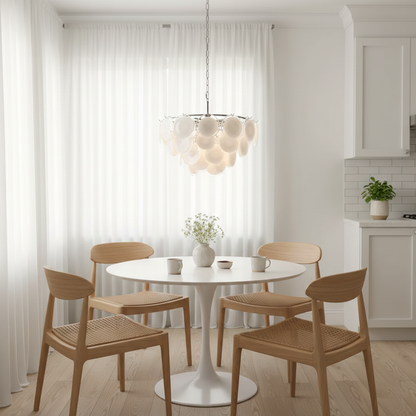 Lustre Delphine avec disques en verre, abat-jour superposés blancs et cadre métallique