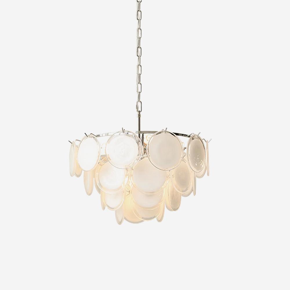 Lustre Delphine avec disques en verre, abat-jour superposés blancs et cadre métallique
