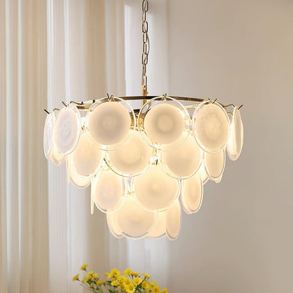 Lustre Delphine avec disques en verre, abat-jour superposés blancs et cadre métallique