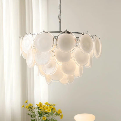 Lustre Delphine avec disques en verre, abat-jour superposés blancs et cadre métallique