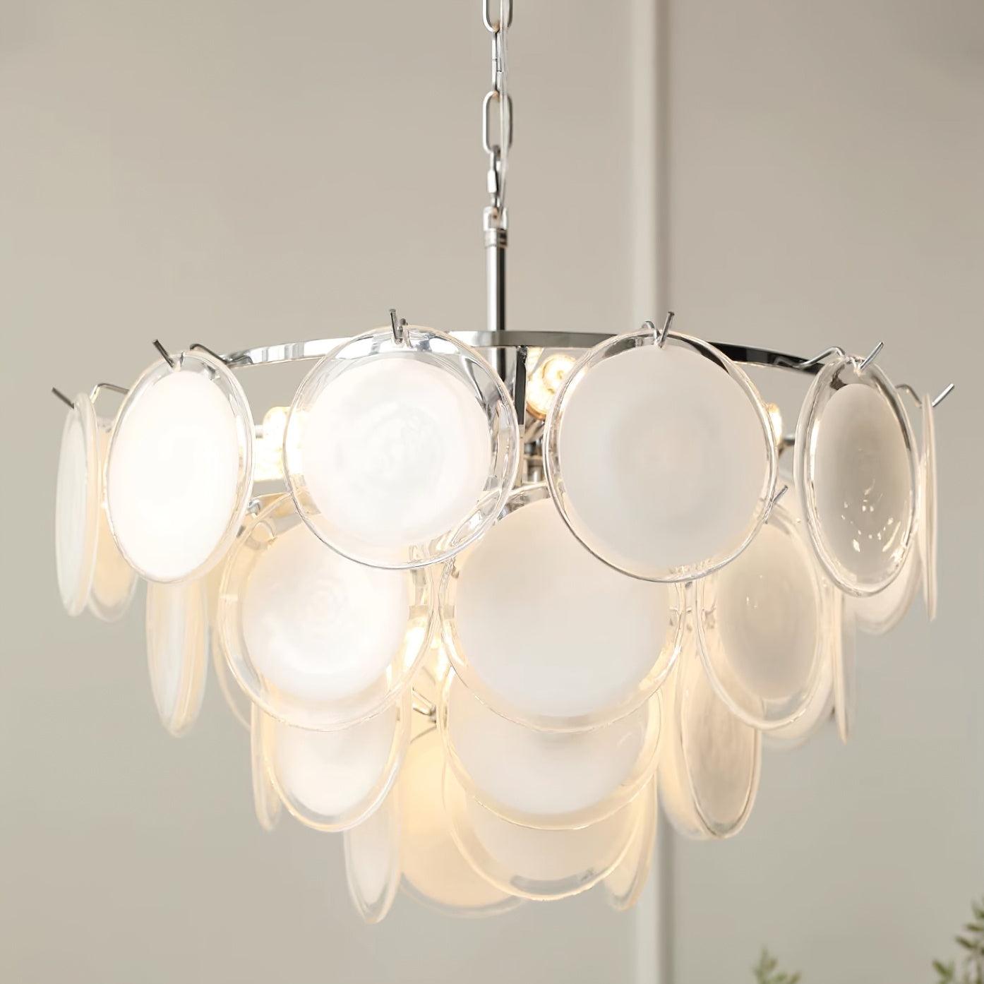 Lustre Delphine avec disques en verre, abat-jour superposés blancs et cadre métallique