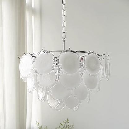 Lustre Delphine avec disques en verre, abat-jour superposés blancs et cadre métallique