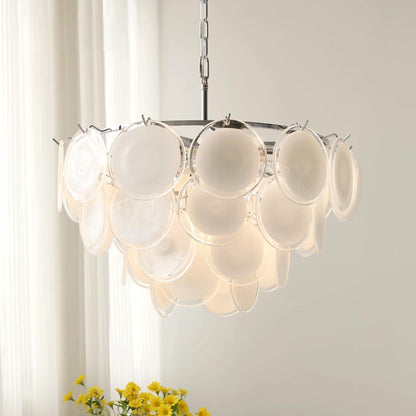 Lustre Delphine avec disques en verre, abat-jour superposés blancs et cadre métallique