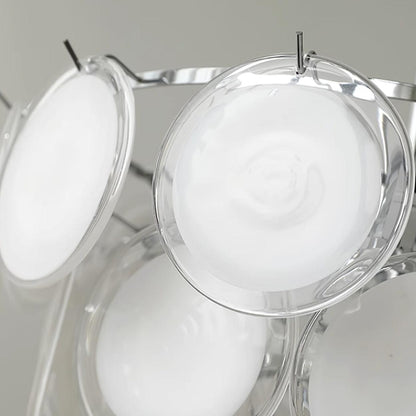 Lustre Delphine avec disques en verre, abat-jour superposés blancs et cadre métallique