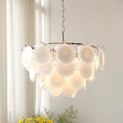 Lustre Delphine avec disques en verre, abat-jour superposés blancs et cadre métallique