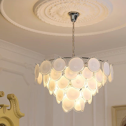 Lustre Delphine avec disques en verre, abat-jour superposés blancs et cadre métallique