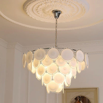 Lustre Delphine avec disques en verre, abat-jour superposés blancs et cadre métallique