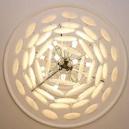 Lustre Delphine avec disques en verre, abat-jour superposés blancs et cadre métallique