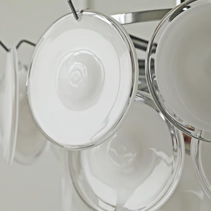 Lustre Delphine avec disques en verre, abat-jour superposés blancs et cadre métallique