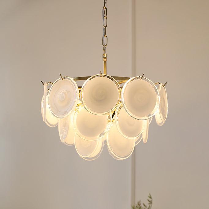 Lustre Delphine avec disques en verre, abat-jour superposés blancs et cadre métallique