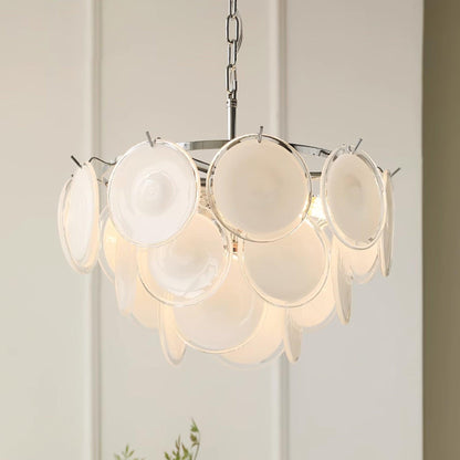 Lustre Delphine avec disques en verre, abat-jour superposés blancs et cadre métallique