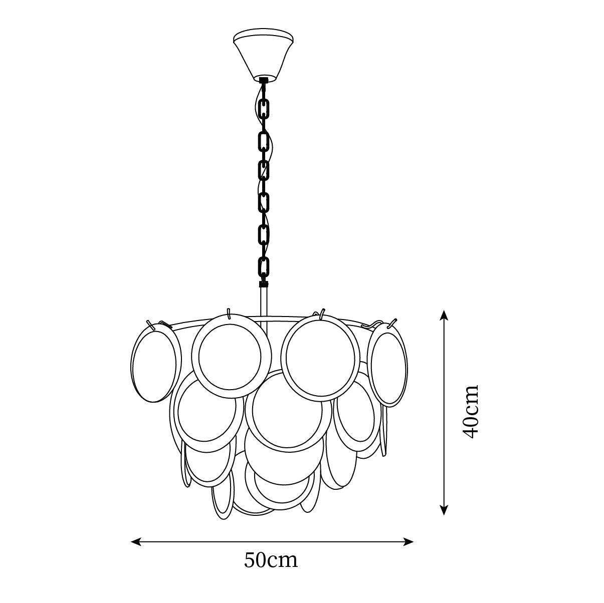 Lustre Delphine avec disques en verre, abat-jour superposés blancs et cadre métallique
