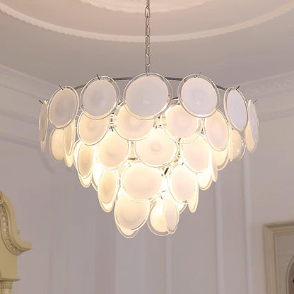 Lustre Delphine avec disques en verre, abat-jour superposés blancs et cadre métallique