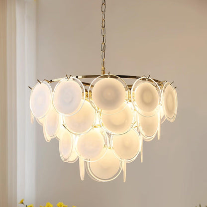 Lustre Delphine avec disques en verre, abat-jour superposés blancs et cadre métallique