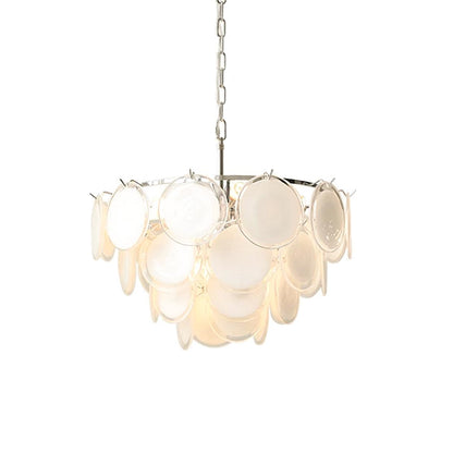 Lustre Delphine avec disques en verre, abat-jour superposés blancs et cadre métallique