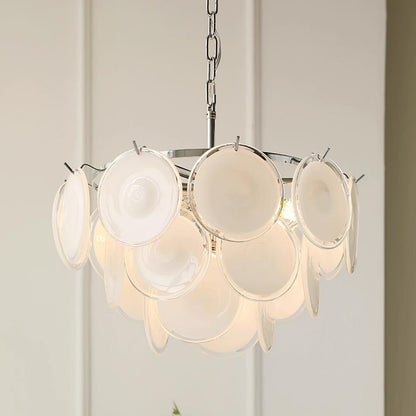 Lustre Delphine avec disques en verre, abat-jour superposés blancs et cadre métallique