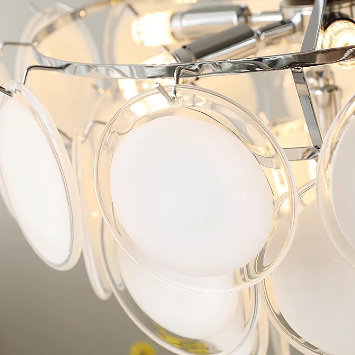 Lustre Delphine avec disques en verre, abat-jour superposés blancs et cadre métallique